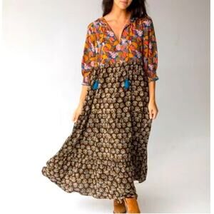Natural Life Nova Maxi Dress Women's XL Boho Cottagecore Floral Print Brown Blue